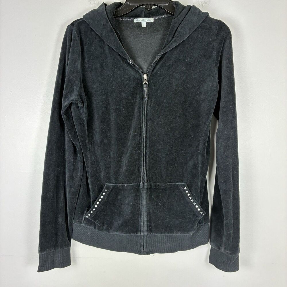 Y2K Vintage Black Velour Velvet Zip Hoodie Rhinestones Sz Medium Paris Spears
